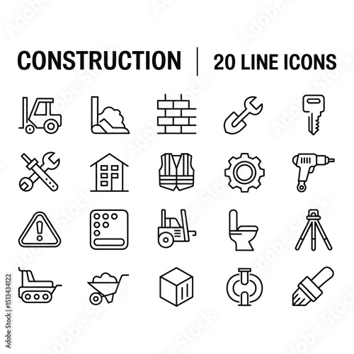 Essential construction tools and equipment depicted in line