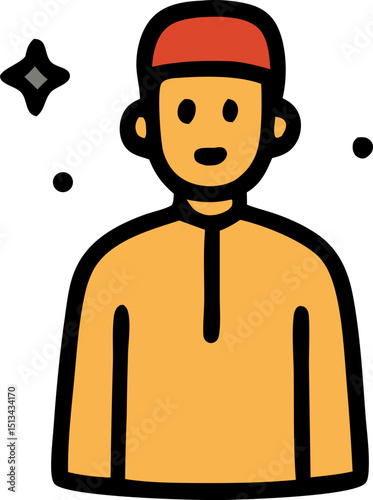 Islamic Attire: A simple illustration depicts a man, wearing a traditional kufi cap, and attire, the image evokes the essence of Muslim faith and culture.