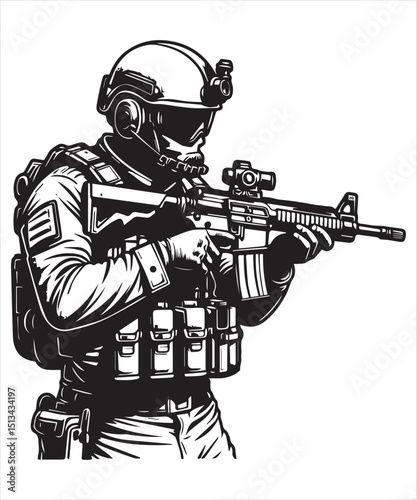 Focused Military Operator with Assault Rifle