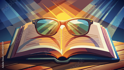 Classic reading glasses rest gently on an open book page, sunlight casting a soft glow across paper and lens, symbolizing wisdom, knowledge, and the quiet beauty of focused thought.