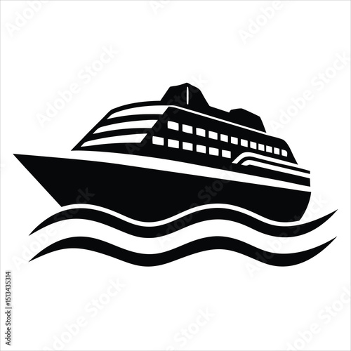Ferry boat silhouette, This image shows a black silhouette of a ferry boat, also known as a ship or vessel, with detailed features like masts, cabins, and railings, Vector clipart illustration design