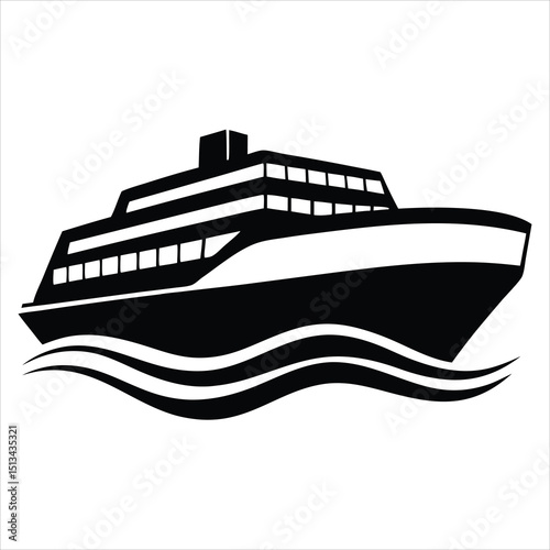 Ferry boat silhouette, This image shows a black silhouette of a ferry boat, also known as a ship or vessel, with detailed features like masts, cabins, and railings, Vector clipart illustration design