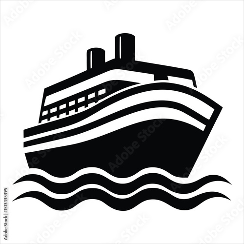 Ferry boat silhouette, This image shows a black silhouette of a ferry boat, also known as a ship or vessel, with detailed features like masts, cabins, and railings, Vector clipart illustration design