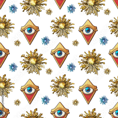 Seamless pattern with mystical all seeing eyes, golden suns, and vintage esoteric symbols on white background