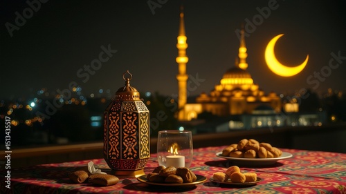 Celebrating Ramadan Nighttime View of Mosque with Traditional Lantern, Sweets, and Candles