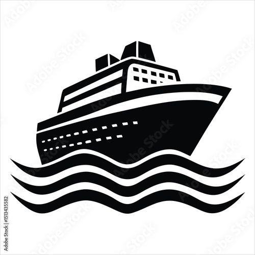 Ferry boat silhouette, This image shows a black silhouette of a ferry boat, also known as a ship or vessel, with detailed features like masts, cabins, and railings, Vector clipart illustration design