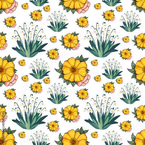 Seamless floral pattern with yellow wildflowers and green succulent plants on a clean white background