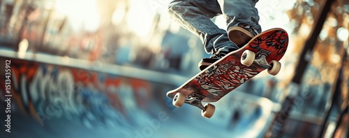 Skateboarder performing tricks at an urban park. Dynamic motion of the skater mid air.