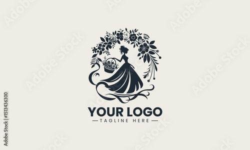 Graceful black silhouette of a woman carrying a flower basket on her head in traditional elegant style vector logo design