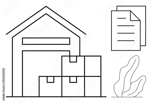 Warehouse building with stacked boxes, two formal documents, and a plant. Ideal for logistics, inventory, storage, supply chain, export, business planning minimalistic design simple landing page