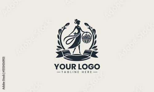 Black minimalist silhouette of a woman with fruit basket on head representing organic lifestyle vector logo design