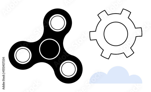 Fidget spinner, gear shape, and a simple cloud. Ideal for productivity, innovation, mechanics, relaxation, focus creativity and conceptual design. Perfect for a simple landing page