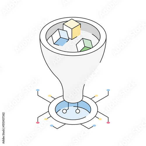 A modern isometric icon of data funnel process