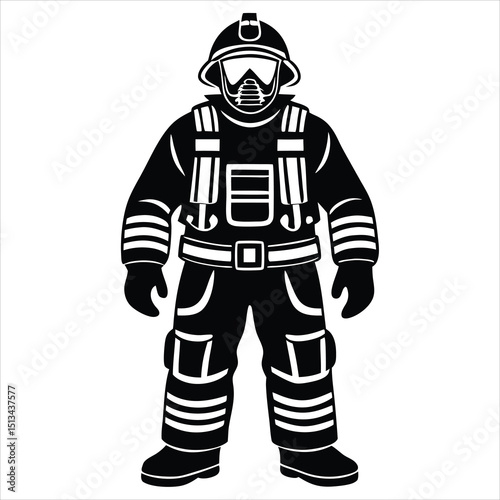 Firefighter Stylized Silhouette Vector Illustration Graphic, Firefighter silhouette looking up, Simple flat firefighter tattoo icon, black vector illustration on white background