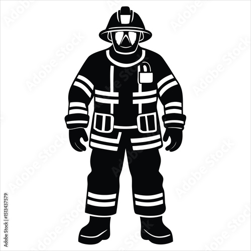 Firefighter Stylized Silhouette Vector Illustration Graphic, Firefighter silhouette looking up, Simple flat firefighter tattoo icon, black vector illustration on white background