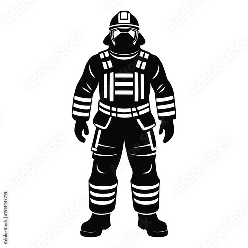 Firefighter Stylized Silhouette Vector Illustration Graphic, Firefighter silhouette looking up, Simple flat firefighter tattoo icon, black vector illustration on white background