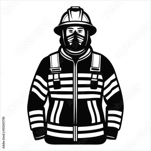 Firefighter Stylized Silhouette Vector Illustration Graphic, Firefighter silhouette looking up, Simple flat firefighter tattoo icon, black vector illustration on white background