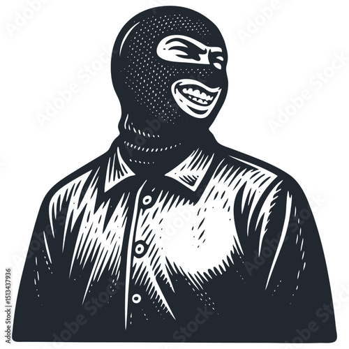 Vintage engraving vector: man in a balaclava or ski mask, flashing a wide, toothy grin. Criminal, protest, or anonymity concept. Retro monochrome art.