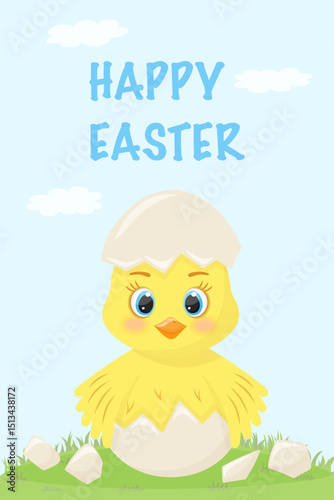 Easter Card Chicken with Eggs on the Lawn