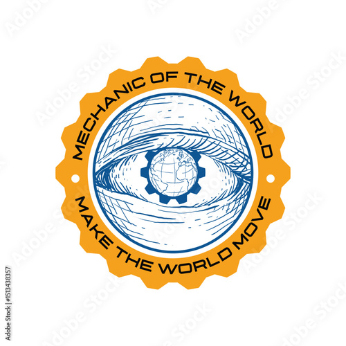 Big round gear with one eye inside and earth inside the pupil and small gear. Hand drawn illustration style