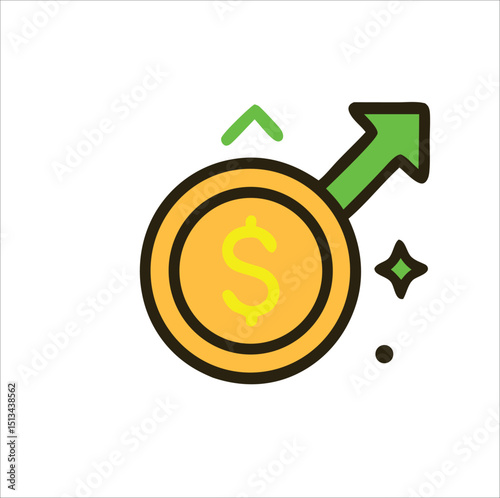 Gold coin featuring a dollar sign symbol and a green upward arrow, ideal for financial growth and investment concepts. Wealth, prosperity, success, finance, business.