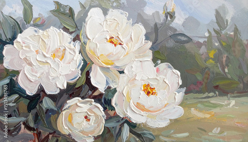 Fototapeta Naklejka Na Ścianę i Meble -  Beauty of white peonies in textured oil painting illustration captured in a serene garden setting during springtime bloom