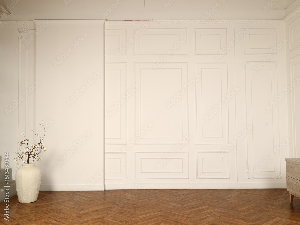 An Elegant Minimalist Interior Featuring White Walls and Wooden Flooring for a Chic Appeal An Elegant Minimalist Interior Featuring White Walls and Wooden Flooring for a Chic Appeal