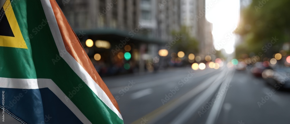 Fototapeta premium South African flag waving proudly in urban cityscape, symbolizing patriotism, national pride, and cultural identity in Johannesburg