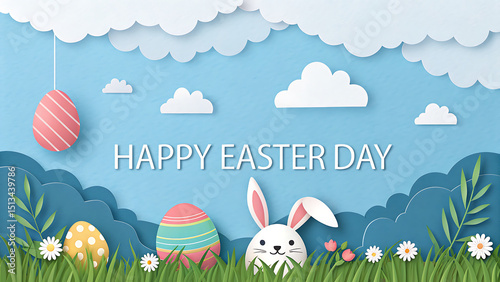 Happy Easter. Congratulatory easter background. Easter eggs and flowers. Selective focus. .Horizonta