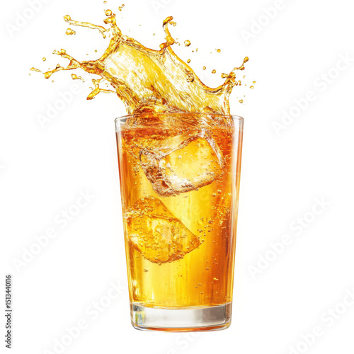 Refreshing iced tea splash in glass isolated on transparent background