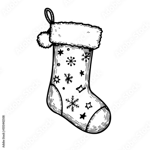 Christmas stocking with snowflakes and stars. Festive holiday stocking filled with gifts for family and friends. Elegant Christmas stocking design perfect for cards or new year decorations.