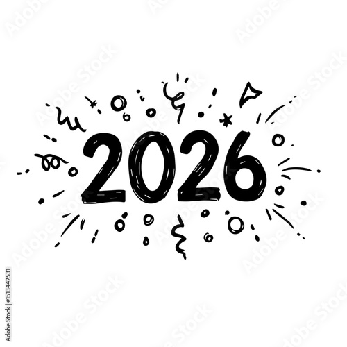 Festive 2026 New Year design with hand-drawn numbers and celebratory doodles.  New Year 2026 illustration features unique hand-drawn style and playful confetti.  Perfect 2026 New Year design 