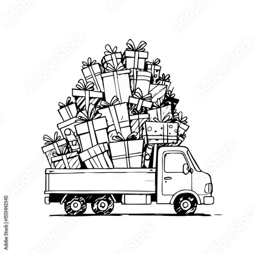 Christmas gift delivery truck overflowing with presents. Festive holiday delivery service with numerous wrapped gifts and ribbons. Large pile of presents in truck bed. Christmas gift delivery concept