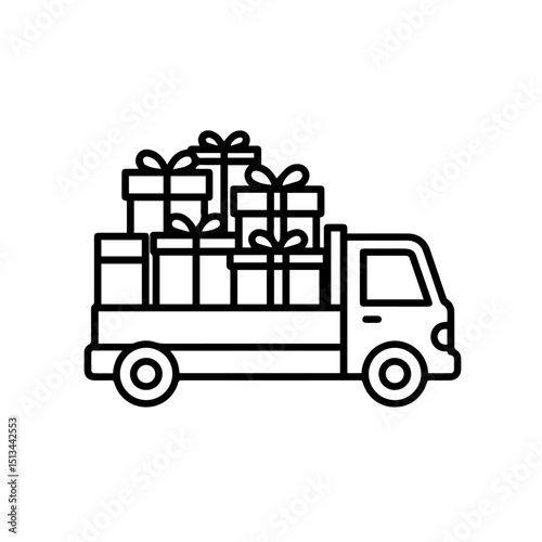Christmas gifts delivery truck filled with presents. Festive holiday delivery service concept.  Truck carries numerous gift boxes, perfect for seasonal celebrations. This image is ideal for New Year a