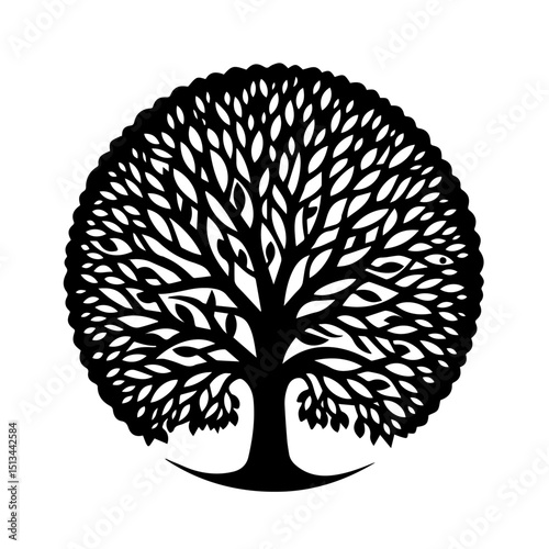 Circular tree of life symbol. Detailed black tree illustration inside circle. Elegant nature design perfect for 2026 year of fire horse themed new year and christmas kitchen accessories.