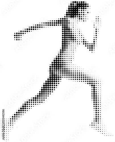 Dynamic halftone vector illustration of a running girl in retro comic book style with bold dotted texture. High contrast black and white image, isolated on white background. Stylized athletic woman in