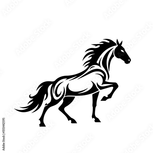 Majestic horse rearing up on hind legs, powerful silhouette with flowing mane and tail.  Elegant equine pose perfect for equestrian-themed designs, 2026 Year of the Fire Horse calendars or greeting ca