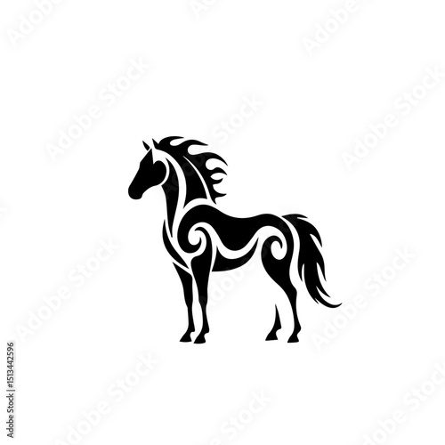 Elegant horse design, stylized equine silhouette with flowing mane and tail.  Intricate patterns adorn body, creating artistic image perfect for 2026 year of fire horse themed designs. This majestic h