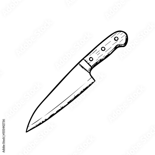Kitchen knife sketch with wooden handle and sharp blade. Detailed chef knife drawing perfect for culinary blogs and cookbooks.  Elegant kitchen knife illustration ideal for holiday cards or new year t
