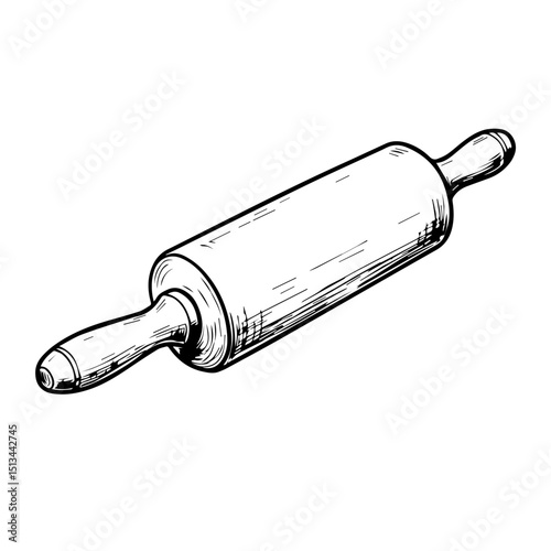 Wooden rolling pin for baking bread and pastry. Kitchen utensil with long handles ideal for kneading dough. Rolling pin illustration perfect for holiday baking projects, recipe books, and kitchen acce