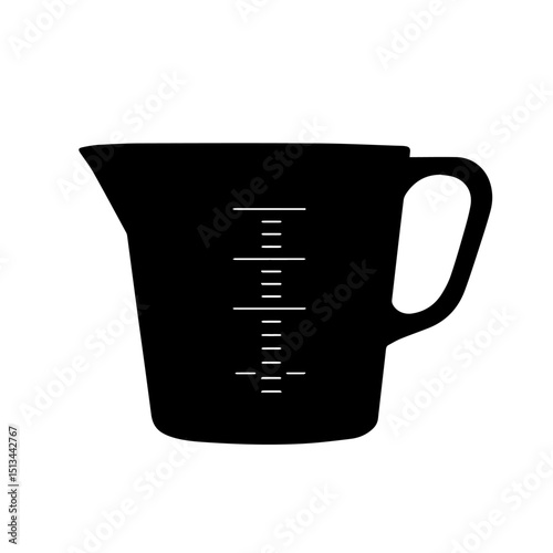 Measuring cup silhouette for kitchen design. Simple black measuring jug with scale markings ideal for cooking recipes. This kitchenware image is perfect for holiday baking projects or new year's culin photo