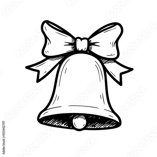 Hand drawn Christmas bell with pink ribbon bow. Festive holiday bell illustration perfect for winter holidays decorations. Elegant bell image ideal for Christmas cards, gift wrapping paper, and festiv