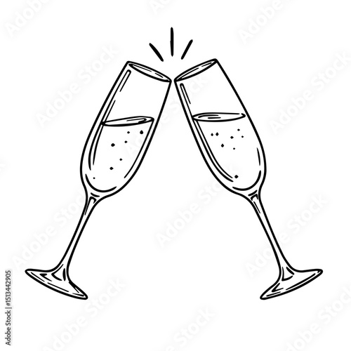 Festive champagne flutes clinking toast for New Year celebration. Two elegant glasses filled with sparkling wine create celebratory mood. Perfect New Year toast graphic for holiday cards invitations a