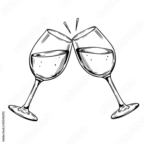 Sparkling wine glasses clinking in celebratory toast. Elegant hand-drawn illustration of two wine glasses filled with champagne. Festive clinking glasses perfect for new year, christmas, or kitchen ac