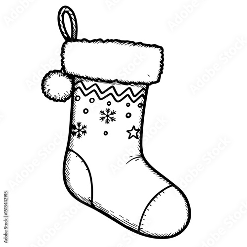 Christmas stocking with fluffy pom-pom and winter snowflake pattern. Festive Christmas stocking design features soft fur trim and whimsical details. This charming Christmas stocking illustration is pe