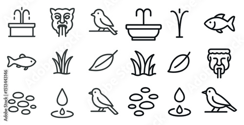 Nature-inspired icons featuring fountains, birds, fish, leaves, and water droplets
