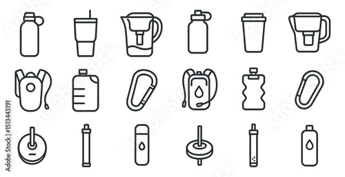 Collection of water bottles and accessories icons for hydration and outdoors
