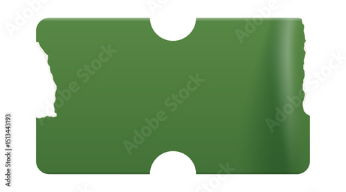 Retro green rectangle price tag sticker. Wrinkled badge with a ripped paper edge. Old distressed blank label with grunge texture for scrapbook designs.	