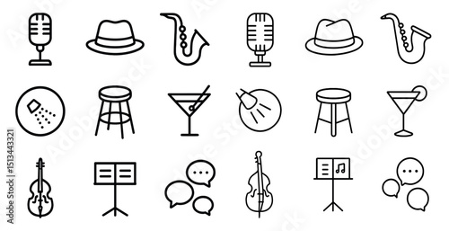Music and jazz icons set featuring instruments and symbols for design use