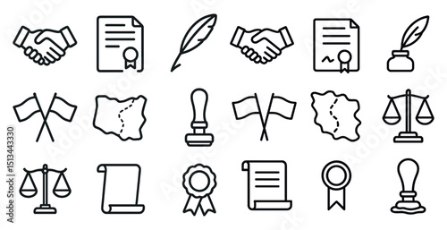 Business and legal icons for contracts, agreements, and certifications